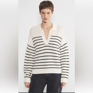 Striped V-Neck Polo Sweater in Cream and Black